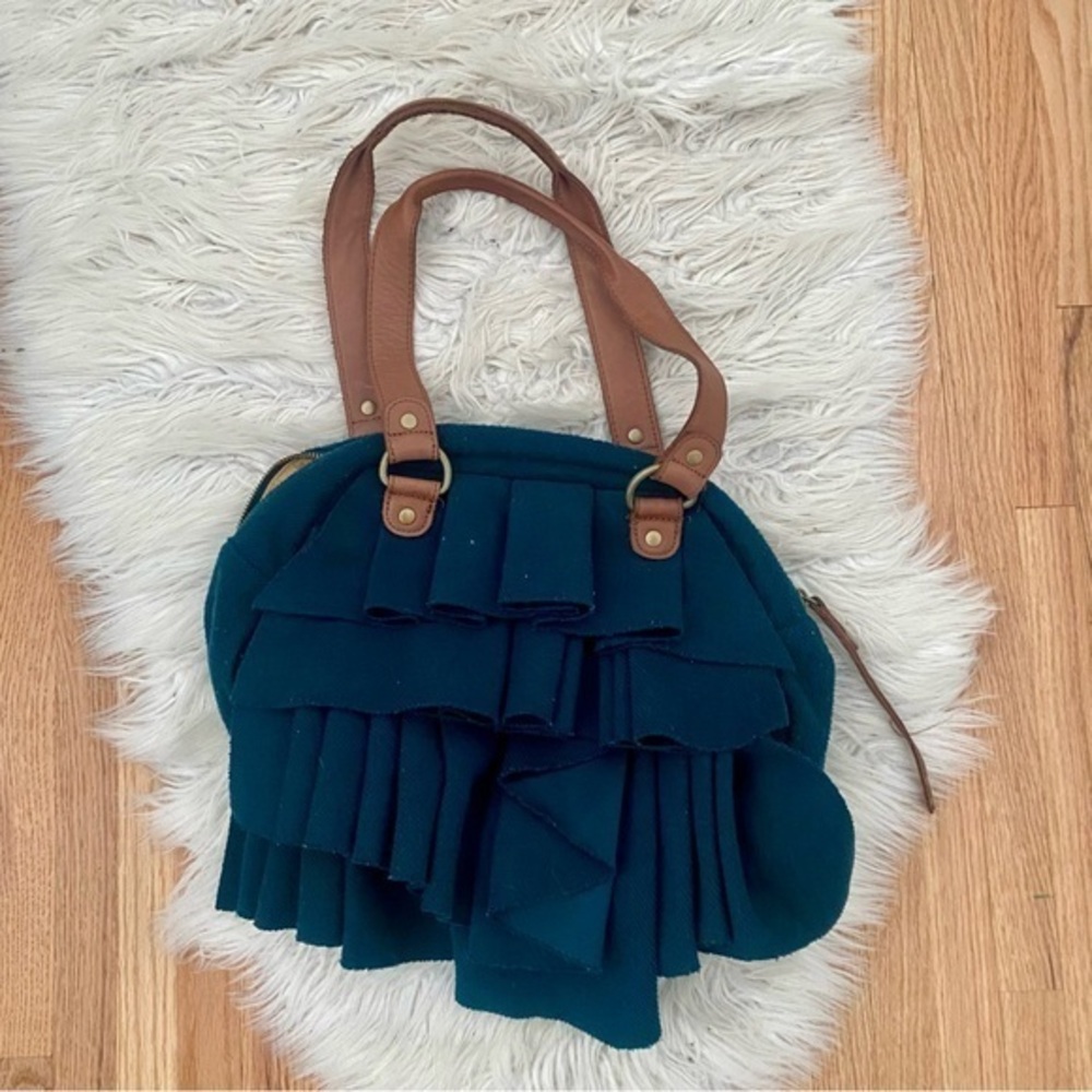 Anthropologie Miss Albright Ruffle Tote Purse Bag Teal